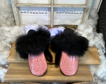 City Mittens in Recycled Fur and Leather, Les Anita Collection Ruban Rose Size Medium