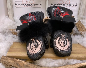 Recycled fur and leather mittens. Special Horses Edition. Les Anne. Size Medium