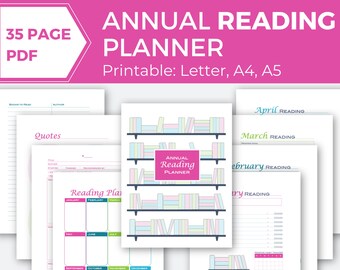 Printable Annual Reading Planner, Book Review Tracker (PDF)