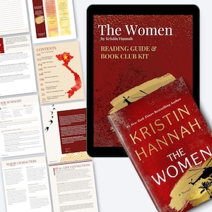 May include: A book cover for "The Women" by Kristin Hannah, with a red background and a gold helicopter illustration. A reading guide and book club kit are displayed on a tablet and printed pages.