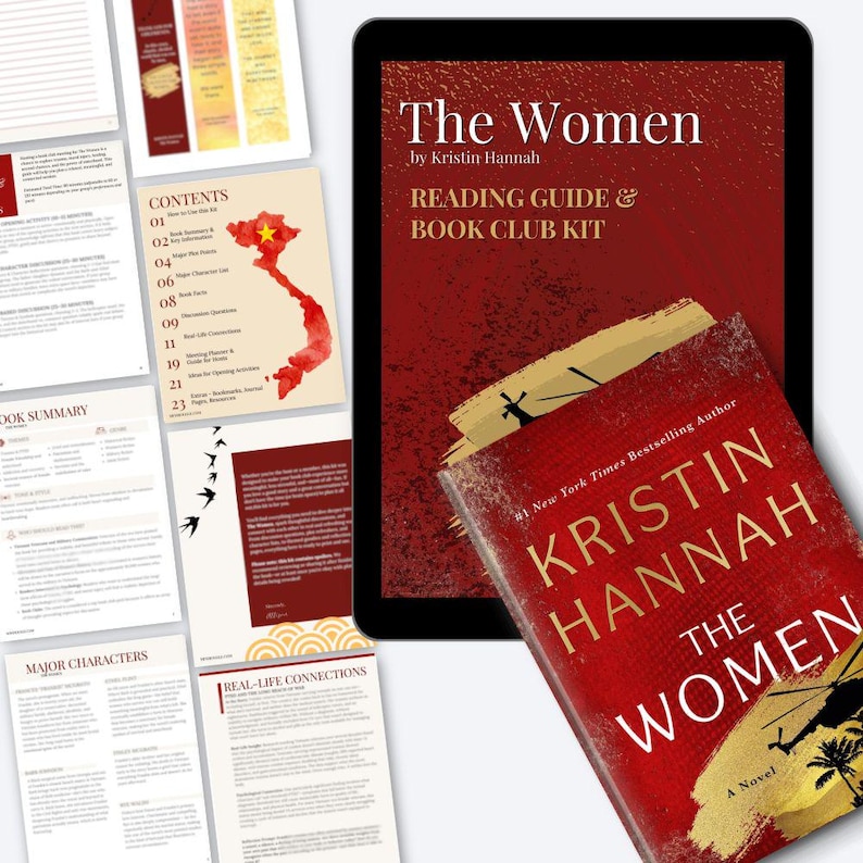May include: A book cover for "The Women" by Kristin Hannah, with a red background and a gold helicopter illustration. A reading guide and book club kit are displayed on a tablet and printed pages.