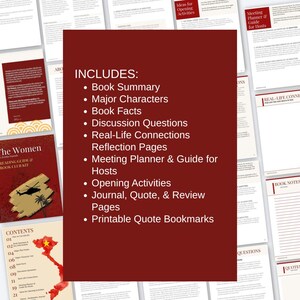 May include: A reading guide for a book club kit with a burgundy cover. The guide includes a book summary, major characters, book facts, discussion questions, real-life connections, reflection pages, and a meeting planner. The kit also includes printable quote bookmarks.