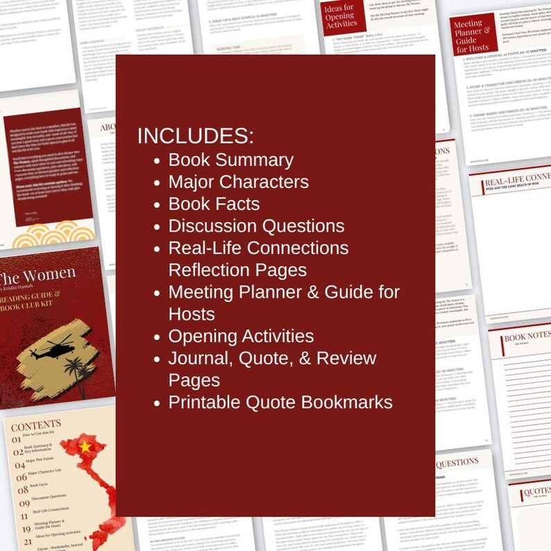 May include: A reading guide for a book club kit with a burgundy cover. The guide includes a book summary, major characters, book facts, discussion questions, real-life connections, reflection pages, and a meeting planner. The kit also includes printable quote bookmarks.