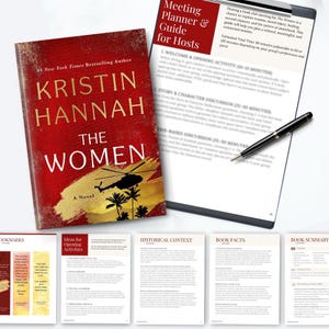 May include: A book cover for "The Women" by Kristin Hannah, a New York Times bestseller, with a red background and a silhouette of a helicopter and palm trees. Accompanying materials include a meeting planner guide and bookmarks.