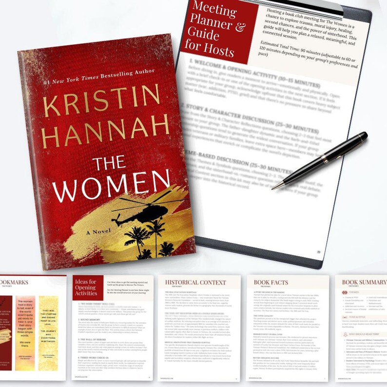 May include: A book cover for "The Women" by Kristin Hannah, a New York Times bestseller, with a red background and a silhouette of a helicopter and palm trees. Accompanying materials include a meeting planner guide and bookmarks.