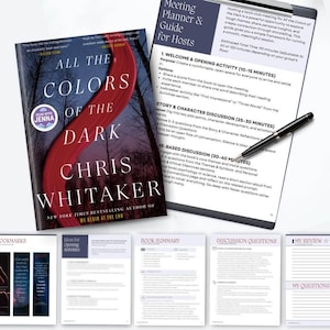 May include: The book cover for "All the Colors of the Dark" by Chris Whitaker, featuring a dark forest and a red design element. A book club meeting planner and guide, plus discussion prompts and bookmarks, are also present.