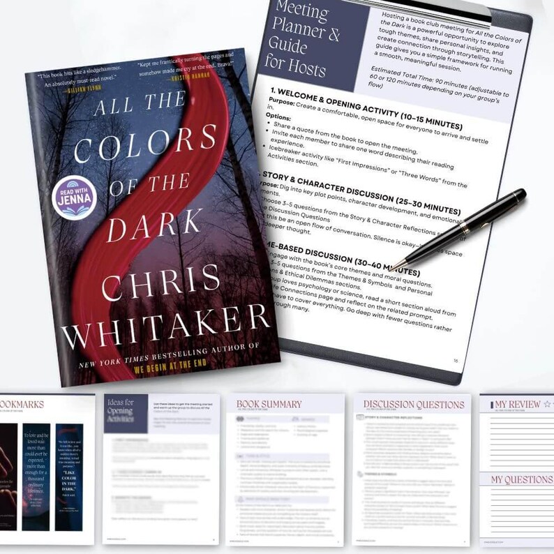 May include: The book cover for "All the Colors of the Dark" by Chris Whitaker, featuring a dark forest and a red design element. A book club meeting planner and guide, plus discussion prompts and bookmarks, are also present.