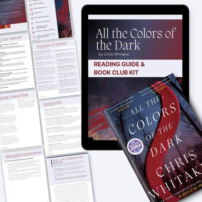 May include: A book cover and reading guide kit for "All the Colors of the Dark" by Chris Whitaker. The book cover shows a dark forest scene with a red streak. The kit includes a tablet displaying the book title and reading guide.