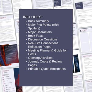 May include: Printable book club resources, including a book summary, discussion questions, and journal pages. The dark blue graphic includes a list of items included in the kit. The pages are white with black text.