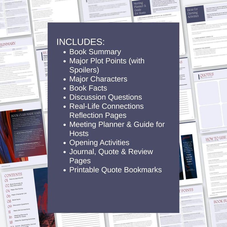 May include: Printable book club resources, including a book summary, discussion questions, and journal pages. The dark blue graphic includes a list of items included in the kit. The pages are white with black text.