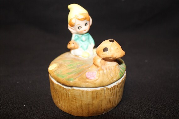 Homco Porcelain Trinket / Jewelry Box Elf Mushroo… - image 1