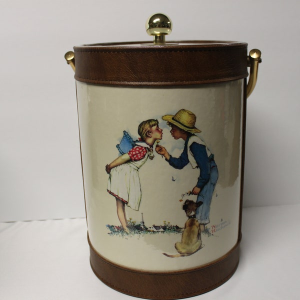 Vintage Norman Rockwell Ice Bucket leather trim 2 lovely scenes 11” X 8”