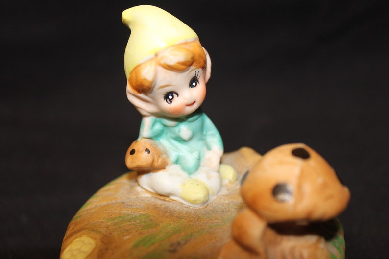 Homco Porcelain Trinket / Jewelry Box Elf Mushroom Yellow Hat VINTAGE EC vtm image 9