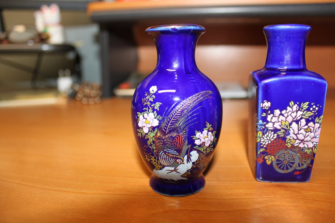 Kutani Cobalt Blue Vases Set of Two Vintage Japan Made Handcrafted 3 1/