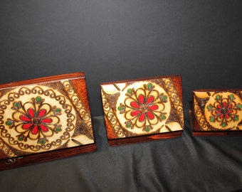 Vintage Hand Carved Wooden Nesting Box, set of 3