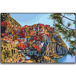 Dipingi con i numeri Manarola Italia - Kit di pittura fai da te per adulti - Arte da parete villaggio Cinque Terre - Dipingi con i numeri Paesaggio mediterraneo