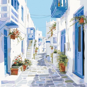DIPINTA CON I NUMERI Adulti Grecia strada bianca Cicladi Santorini Mykonos Naxos Paros Mylos architettura stile greco bianco blu