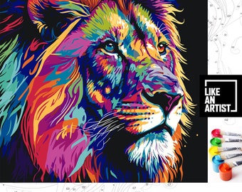 PEINTURE PAR NUMÉROS pour adultes lion animaux colorés abstrait pop art bricolage ensemble peintures acryliques peinture sur toile pour débutants