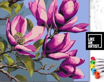 PEINTURE PAR NUMÉROS pour Adultes Fleurs de Magnolia Printemps Motif Floral Plantes Toile Peintures Acryliques Peinture Kit de Bricolage Photo Décoration Murale