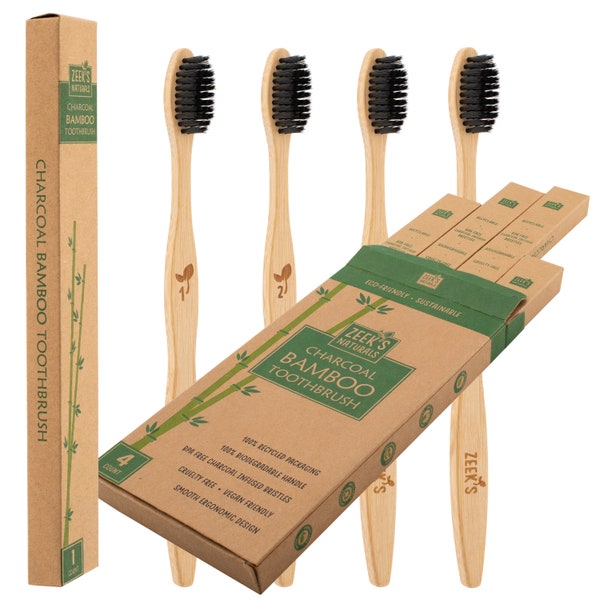 4 pack - Bamboo  Toothbrushes - Biodegradable Eco-Friendly Natural Numbered