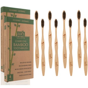 8 Brushes (Two-4 packs) - Bamboo Charcoal Toothbrushes - Biodegradable Eco-Friendly Natural Numbered - Charcoal Infused Bristles