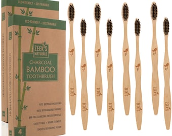 8 Brushes (Two-4 packs) - Bamboo Charcoal Toothbrushes - Biodegradable Eco-Friendly Natural Numbered - Charcoal Infused Bristles