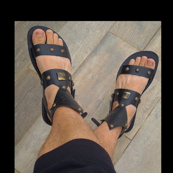 Unisex Ancient Black Antique 20cmMen UNİSEX SİZE Leather sole Egyptian Gladiator Sandal,Greek Roman Sandals,Costume sandals,Warrior sandals
