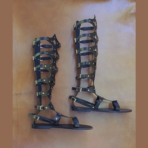 Handmade Leather Gladiator Sandals: High Knee Roman Costume Shoes