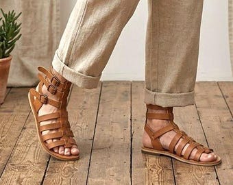 Unisex Handmade Leather Gladiator Sandals – Full Grain Natural Sole Fisherman Sandals