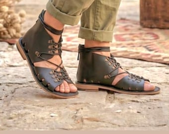 Men's Handmade Leather Gladiator Sandals, Ancient Greek Style, Comfy Lace-Up Sandal