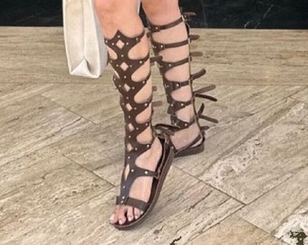 Sandalia de gladiador de bota alta larga egipcia romana auténtica con cremallera trasera para mujer, regalo para sus botas de sandalias de cuero