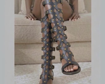 Unisex Handmade Leather Gladiator Sandals: High Knee Roman Costume Shoes