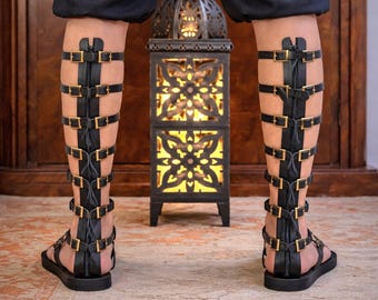 Handgemaakte zwarte leren gladiatorsandalen heren uniseks – Romeins krijgerkostuum / festivalsandalen