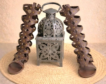 Unisex Handmade Brown Leather Gladiator Sandals: Knee High Roman Style Costume