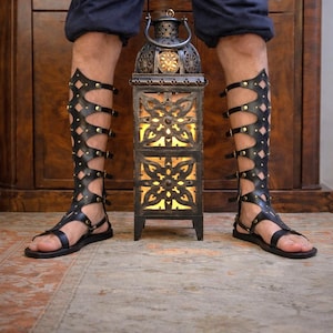 Men’s Unisex Handmade Black Leather Gladiator Sandals – Roman Warrior Costume  /  Festival Sandals