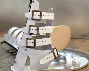 Witte leren gladiatorsandalen, Romeins geïnspireerd, verstelbare bandjes, zomerschoenen