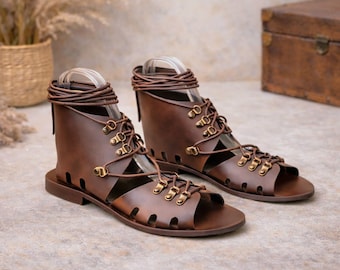 Women's Handmade Leather Gladiator Sandals, Ancient Greek Style, Comfy Lace-Up Sandal