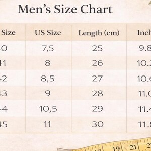 May include: A size chart titled Size Chart with columns for EU Size, US Size, Length in cm, and Inches. The table lists sizes from 40 to 45, corresponding US sizes from 7.5 to 11, and lengths from 25 cm to 30 cm, or 9.84 inches to 11.81 inches.