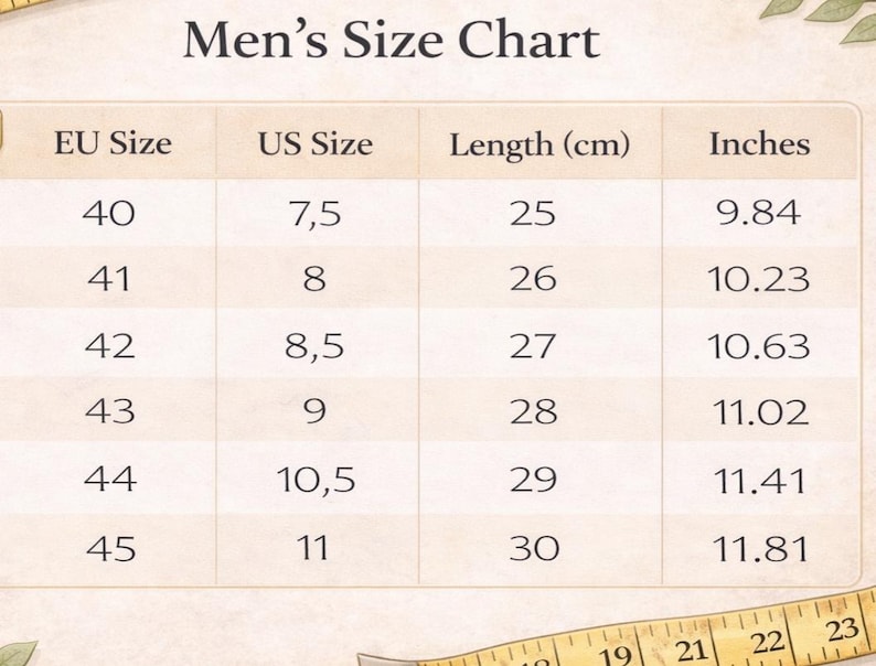 May include: A size chart titled Size Chart with columns for EU Size, US Size, Length in cm, and Inches. The table lists sizes from 40 to 45, corresponding US sizes from 7.5 to 11, and lengths from 25 cm to 30 cm, or 9.84 inches to 11.81 inches.