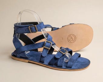 Unisex Dark Blue Navy Color Handmade Leather Gladiator Sandals: , Minimalist Artisan Sandals