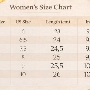 May include: A size chart titled Women's Size Chart with columns for EU Size, US Size, Length in cm, and Inches. The table lists sizes from 36 to 41, corresponding US sizes 6 to 10, lengths from 23 to 26 cm, and inches from 9.06 to 10.23.