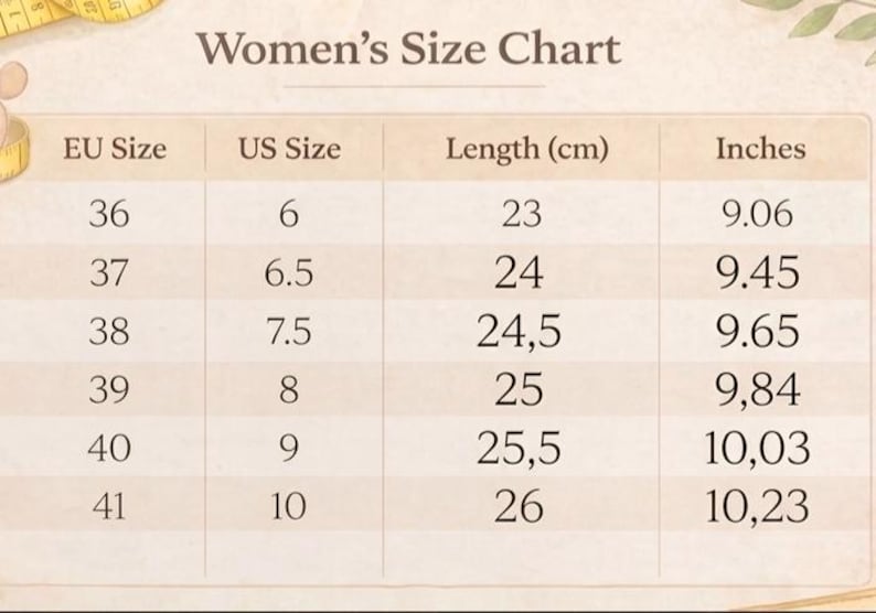 May include: A size chart titled Women's Size Chart with columns for EU Size, US Size, Length in cm, and Inches. The table lists sizes from 36 to 41, corresponding US sizes 6 to 10, lengths from 23 to 26 cm, and inches from 9.06 to 10.23.