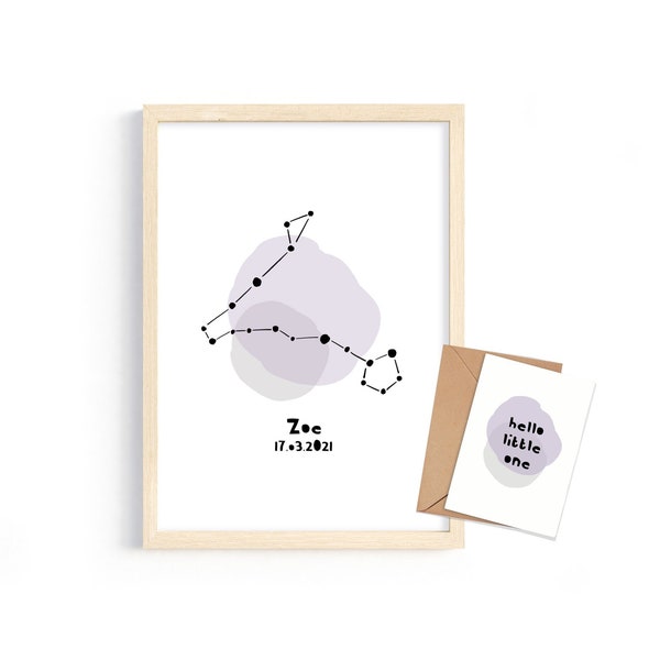 Geburtsposter Sternzeichen mit Karte | Personalisiertes Sternbild | Geschenk zu Geburt & Taufe | A3 oder A4 in vielen Farben