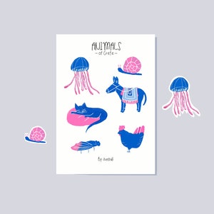 Tier stickerbogen | Sticker dierendagboek | Esel, Qualle, Schnecke, Katze, Huhn, Zikade | Minimalistischer Aufkleberbogen | Kreta