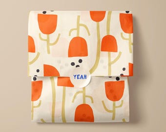 Papel de regalo con ilustración floral hecha a mano / Diseño abstracto de flores rojas / 2 hojas