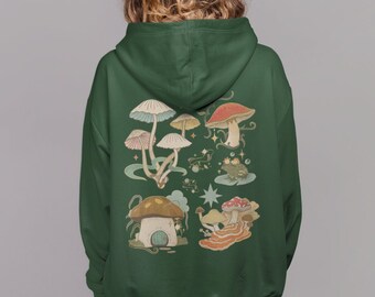 May include: A dark green hooded sweatshirt with a colorful mushroom graphic on the back. The graphic features various types of mushrooms, including a mushroom house, a mushroom with a red cap, and a mushroom with a white cap.