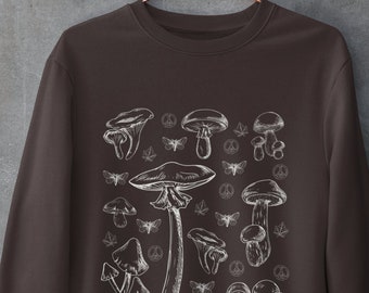 May include: A brown sweatshirt with a white graphic print of various mushrooms, peace signs, and butterflies.