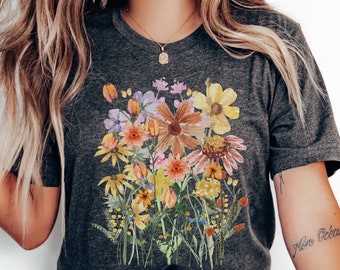 T-shirt geperste bloemen, boho-wildflowers cottagecore-shirt, oversized vintage botanisch T-shirt, pastel bloemen natuurshirt, shirt tuinliefhebber, shirt tuinliefhebber