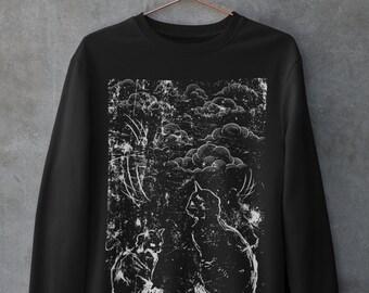 Sudadera de gato con ropa grunge, ropa alternativa, gótico de centro comercial, gótico tradicional, suéter de gato, ropa gótica pastel, Dark Academia, suéter de cuello redondo surrealista