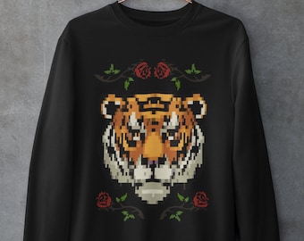 Y2k Streetwear Sweatshirt,Black Oversized Vintage Graphic Sweater,Japanese Aesthetic Tiger Pullover,Alternative Clothing,Grunge Alt Crewneck